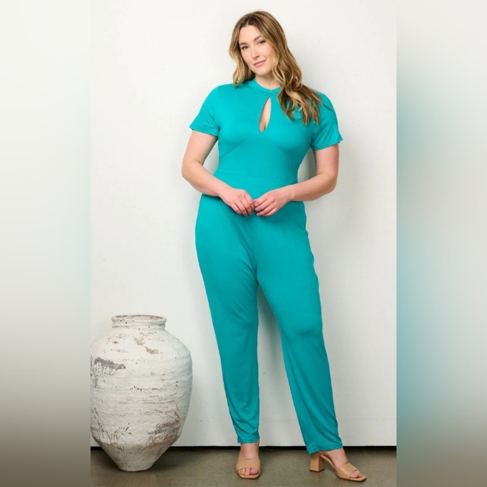 READ FOR THE FLAW- Teal Short Sleeve Keyhole Open Back Jumpsuit for Women - Picture 4 of 4